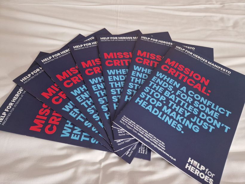 Printed copies Help for Heroes manifesto for veterans in a fan