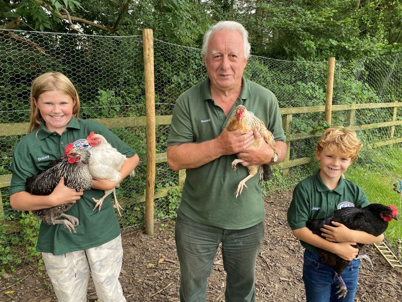 Daisy and Jago with Patrick Pease and feathered friends