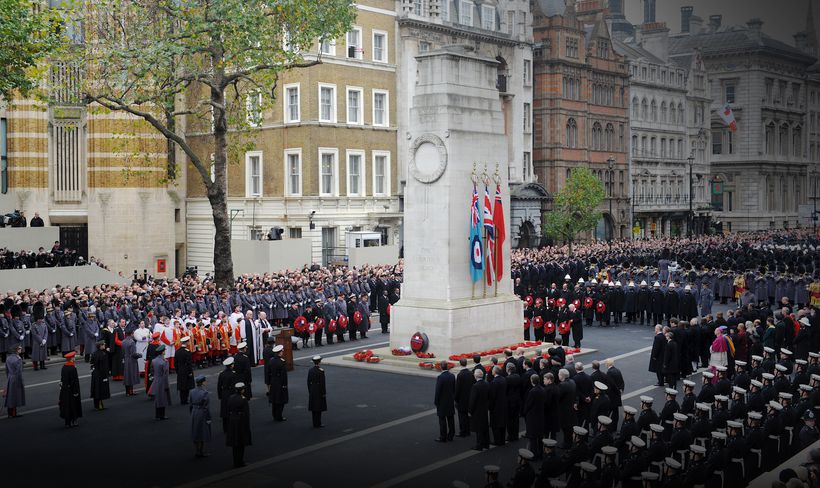 Members of the Armed Forces stood at the Cenotaph in London