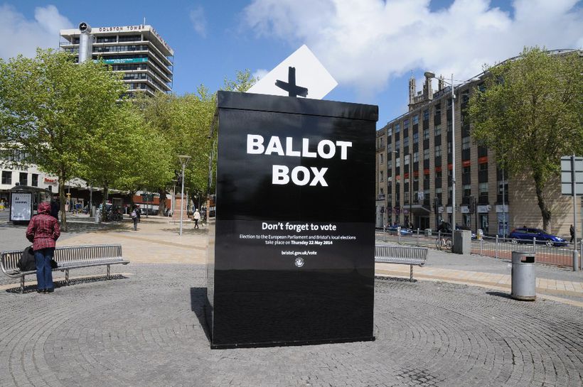 A large black ballot box on Broad Quay in the centre of Bristol